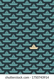 Standing out of the crowd. Paper ship background.