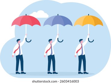 Standing out from the crowd. Uniqueness and individuality. Difference concept. Man holding a red umbrella among people with black umbrellas. 

