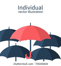 Standing out from the crowd. Uniqueness and individuality. Difference concept. Red umbrella among black umbrellas. Vector illustration flat design. Isolated on background.