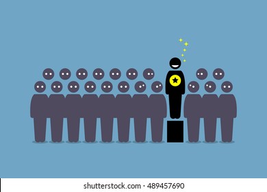Standing out from the crowd. Vector artwork depicts a person that is special, outstanding, superior, leader, and popular among a group of people. 