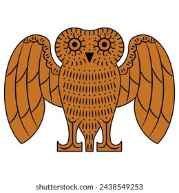 Standing owl with open wings. Ancient Greek vase painting style. Animal design. Isolated vector illustration.