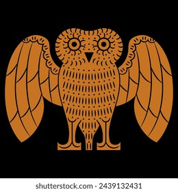 Standing owl with open wings. Ancient Greek vase painting style. Animal design. 