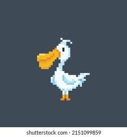 Standing Pelican Bird In Pixel Art Style