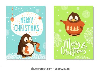 Standing penguin in sweater with pattern of trees holding cup and kid with warm socks. Colorful greeting card Merry Christmas decorated with balls vector
