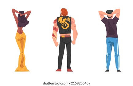 Standing people, back view. Slim girl in party dress, biker in leather vest and young man in casual clothes cartoon vector illustration