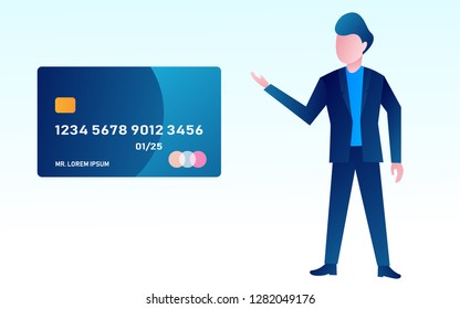 standing people character advertising debit card with nfc technology payment method vector design illustration,