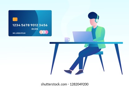 standing people character advertising debit card with nfc technology payment method vector design illustration,