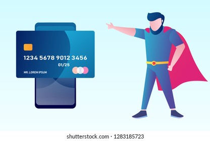 standing people character advertising debit card with nfc technology payment method vector design illustration