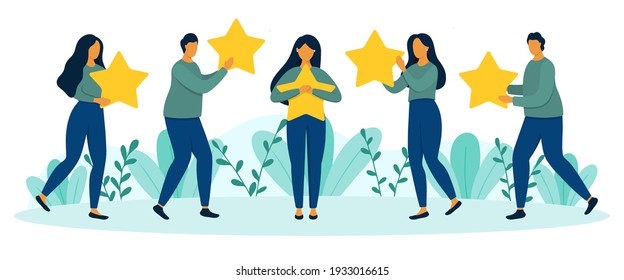 Standing people hold stars in hands. Customer satisfaction, customer review, positive feedback, five stars rank concept. Flat style vector illustration.