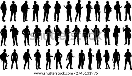 Standing people silhouettes collection, diverse human figures vector illustration, casual and business attire icon design, posture artwork, group crowd graphic