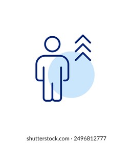 Standing person with arrows pointing up. Motivation and inspiration for positive change and personal growth. Career promotion. Pixel perfect, editable stroke icon