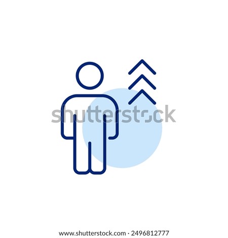 Standing person with arrows pointing up. Motivation and inspiration for positive change and personal growth. Career promotion. Pixel perfect, editable stroke icon
