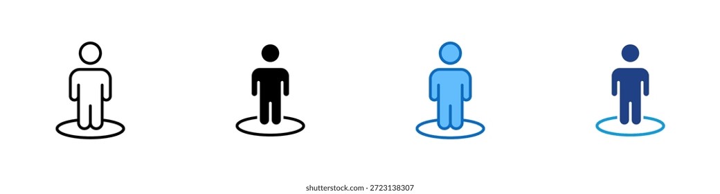 Vetor de design de ícone de estilo múltiplo de pessoa de pé - pessoa de pé em uma base circular, representando presença, identidade e status individual