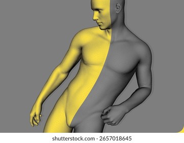 Uma pessoa de pé em altura parcial. Modelo 3D de um homem em estilo pontilhado com o efeito de dividir a cor do corpo em duas partes: preto e ouro. Vetor para folheto, folheto, apresentação ou banner.