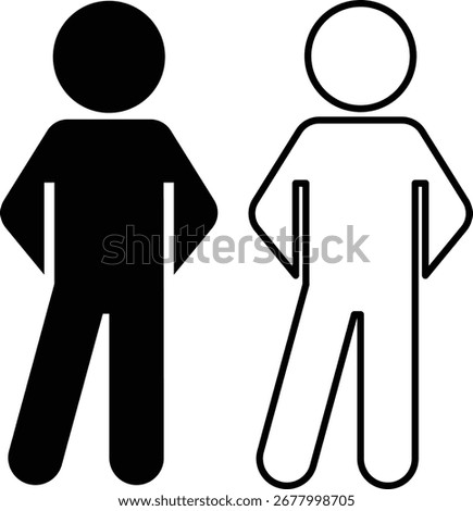 Standing person in “at ease” pose pictogram, front view. Solid and outline icons, black and white. Suitable for waiting, posture, education, and signage.