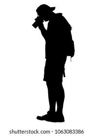 Standing photographer silhouette with a backpack on white background, vector illustration