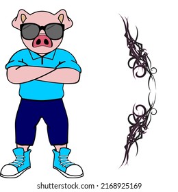 standing pig teen cartoon with sunglasses hipster style in vector format