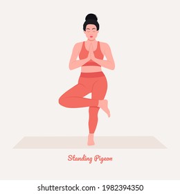 Standing Pigeon Yoga pose. Young woman practicing yoga  exercise. Woman workout fitness, aerobic and exercises. Vector Illustration.