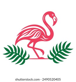 Standing pink flamingo vector art illustration with green leaf