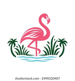 Standing pink flamingo vector art illustration with green leaf