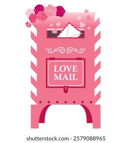 A standing pink mailbox decorated with roses for Valentine's Day.  Valentine's mail. Standing post office box labeled love mail. Delivery of letters to lovers. Illustrated vector clipart.