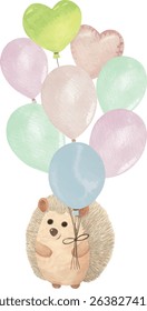 Standing Plush Hedgehog with Colorful Helium Balloons
