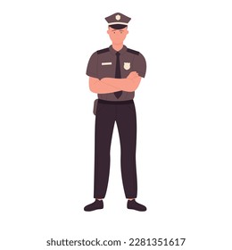 Standing policeman with crossed arms. Confident police officer vector illustration