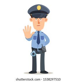 Standing Policeman, Security Guard Show Outstretched Arm With Stop Gesture. No Entry, Stop Criminal. Vector Illustration, Flat Design, Cartoon Style. Isolated On White Background.