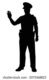 Standing policeman silhouette vector on white background, cop, officer in public.