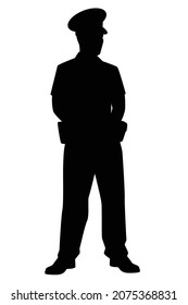 Vector de silueta de policía de pie sobre fondo blanco, policía, oficial en público.
