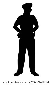 Standing policeman silhouette vector on white background, cop, officer in public.