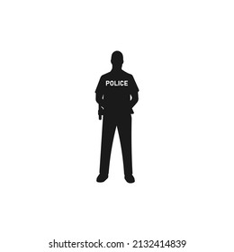 Standing policeman in uniform black vector silhouette or logo illustration.