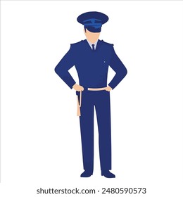 Standing policeman in uniform silhouette, vector illustration, isolated on a white background