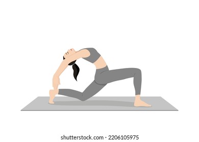 Standing Pose of the Heavenly Spirits. Beautiful girl practice Stiti Valakhilyasana,. Young attractive woman practicing yoga exercise. working out, black wearing sportswear, grey pants and top, indoor