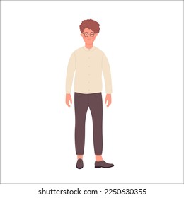Standing pose of nerd boy. Front view of geek teenager vector illustration