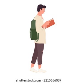 Standing pose of reading student. School male pupil, teenager learning vector illustration