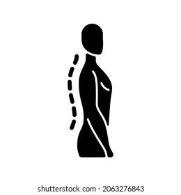 Standing posture correction black glyph icon. Improving upright position. Spine natural curvature. Shoulders parallel with hips. Silhouette symbol on white space. Vector isolated illustration