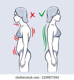 Woman with wrong and right back posture on transparent PNG