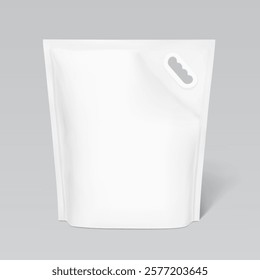 Standing pouch bag with handle mockup for cat litter, laundry detergent. Front view. Vector illustration isolated on grey background. Ready for use in presentation, promo. EPS10.