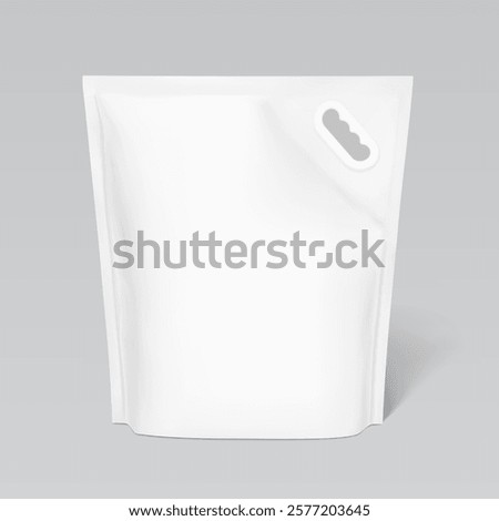 Standing pouch bag with handle mockup for cat litter, laundry detergent. Front view. Vector illustration isolated on grey background. Ready for use in presentation, promo. EPS10.