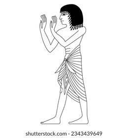 Standing praying ancient Egyptian man. Ethnic design. Black and white linear silhouette.