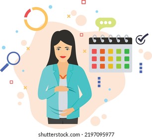 Standing Pregnant Lady With Calendar Sign, Business Character Stock Illustration, Parental Or Family Leave Vector Color Icon Design, Employee Benefits Sign, Maternity Pay And Leave Concept, Hrm Symbol