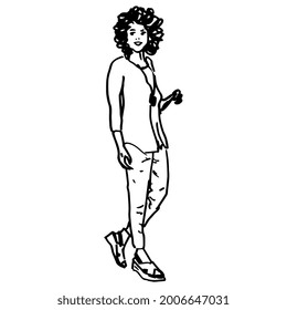 Standing pretty girl with curvy hair. Fancy young woman in casual clothes. Hand drawn linear doodle rough sketch. Black silhouette on white background.