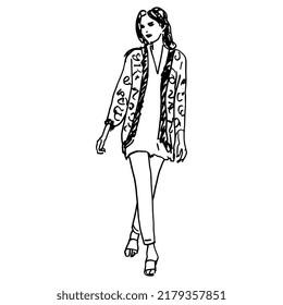 Standing pretty girl in fancy clothes. Beautiful young woman wearing skinny pants and a tunic. Hand drawn linear doodle rough sketch. Black silhouette on white background.