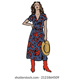 Standing pretty girl in fancy summer dress holding a hat. Female portrait. Hand drawn colorful rough sketch.