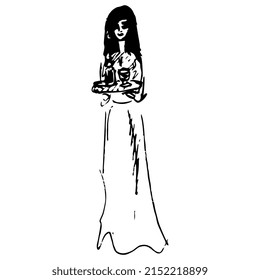 Standing pretty girl holding tray with drink. Hand drawn linear doodle rough sketch. Black silhouette on white background.