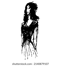 Standing pretty woman. Hand drawn linear doodle rough sketch. Black silhouette on white background.
