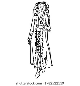 Standing pretty woman in long dress. Hand drawn linear doodle sketch. Black silhouette on white background.