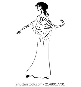 Standing pretty woman in long dress and a shawl. Hand drawn linear doodle rough sketch. Black silhouette on white background.