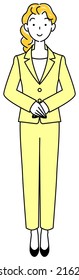 Standing pretty woman in a suit. standby posture. Right hand on top, hands folded. Full body standing illustration Vector